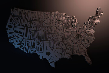 Fototapeta na wymiar Artistic Lettering 3d Geographic Map of USA Render