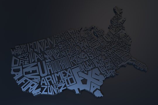Black Lettering 3d Geographic Map of USA Render