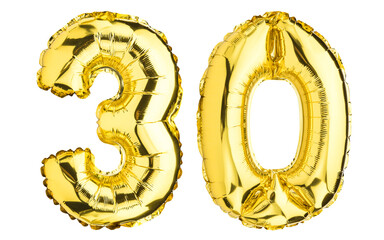 Number Thirty 30 balloons. Helium balloon. 30 years. Golden Yellow foil color. Party, Birthday greeting card, Sale, Advertising, Anniversary. High resolution photo. Isolated on white background.