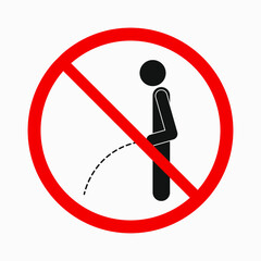 Peeing ban. Person urinating. Not allowed. Vector icon isolated on white background.