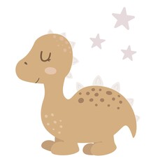 Cute sleeping dinosaur and stars. Boho dino in the night. Baby shower clipart.