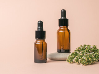 Two medical bottles, medicinal herbs and a stone on a beige background.