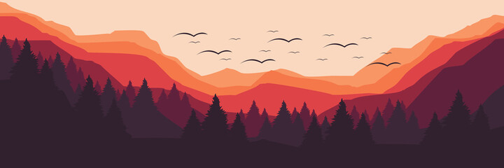 flat design of mountain forest vector illustration for web banner, blog banner, wallpaper, background template, adventure design, tourism poster design, backdrop design