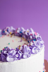 Obraz na płótnie Canvas Purple and white Birthday cake, purple Background