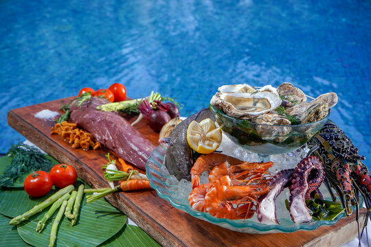 gorgeous assorted seafood platter by the pool