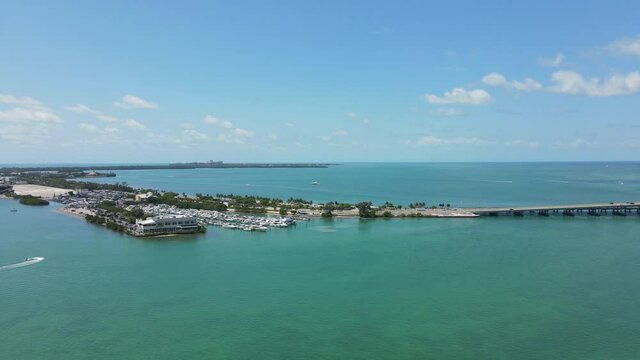 Aerial View, Miami Florida, Traffic on Freeway and Bridge to Key Biscayne Island on Sunny Day, Rickenbacker Causeway and Ocean Skyline
