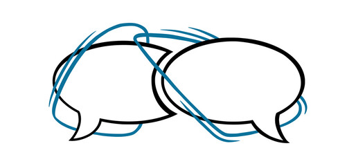 Circle speech bubble with blue lines. Outline speech box or frame isolated in white background. Handdrawn vector illustration