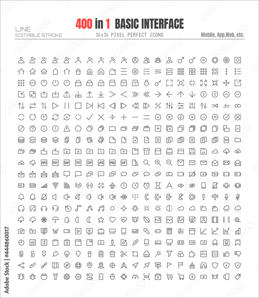 Poster 24x24 pixels perfect user interface basic simple set thin line icons. people user profile, message, 
