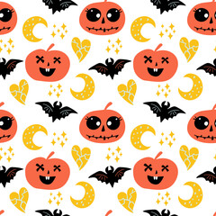  Seamless pattern with the image of pumpkins, bats, hearts on a white background, in vector graphics. For Halloween decoration, covers, wrapping paper, wallpaper, prints for textiles, scrapbooking