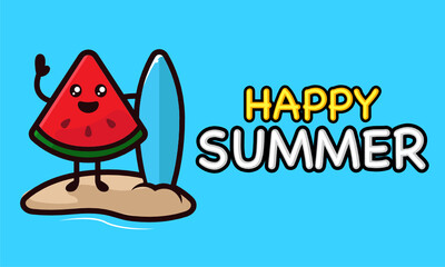Cool watermelon mascot in summer holiday banner template