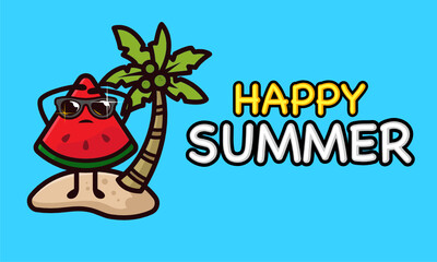 Cool watermelon mascot in summer holiday banner template