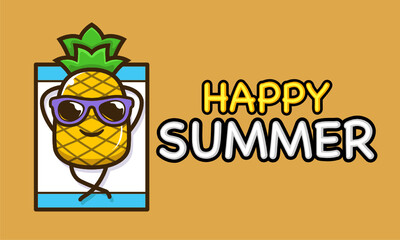 Naklejka premium Cool pineapple mascot in summer holiday banner template