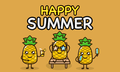Cool pineapple mascot in summer holiday banner template