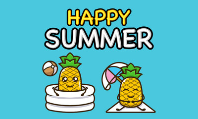 Cool pineapple mascot in summer holiday banner template