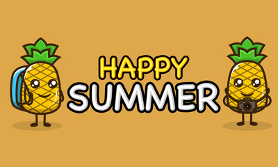 Cool pineapple mascot in summer holiday banner template