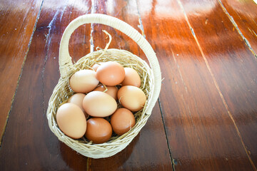 eggs in a basket on wooden table