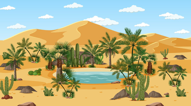 Desert forest landscape at day time scene with oasis