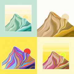 Mountain with sun in multicolor palette as a set on different background.