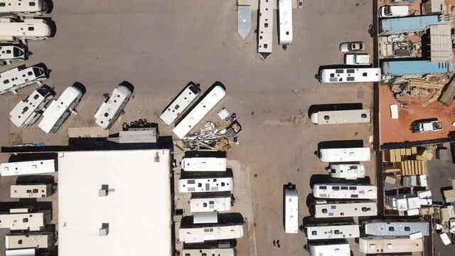 RV Trailer Park, Top Down Aerial View. Mobile Homes, Sunny Day, High Angle Drone Shot