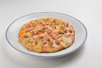 baked sausages hot dog cheesy Hawaii pizza for kids in white background western halal menu
