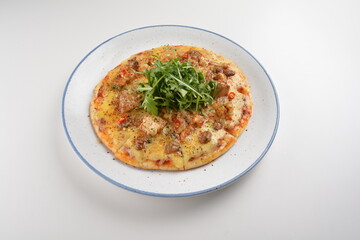 baked cheesy pizza with bbq sauce chicken and duck meat in white background western halal menu