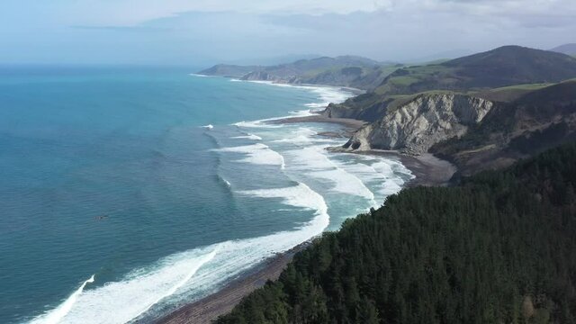 Aerial drone view of the Gipuzkoa flysch coast in Deba in the Basque Country