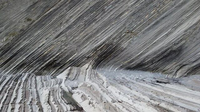 Aerial drone view of the coast flysch structure in the beach of Sakoneta in the Basque Country