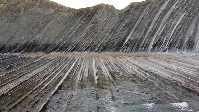 Aerial drone view of the coast flysch structure in the beach of Sakoneta in the Basque Country
