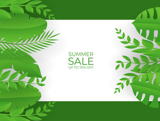 Fototapeta na wymiar Summer sale banner with paper cut tropical leaves background, exotic floral design for banner, flyer, invitation, poster, web site or greeting card. Paper cut style, vector illustration