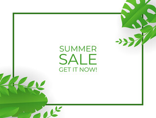 Fototapeta na wymiar Summer sale banner with paper cut tropical leaves background, exotic floral design for banner, flyer, invitation, poster, web site or greeting card. Paper cut style, vector illustration