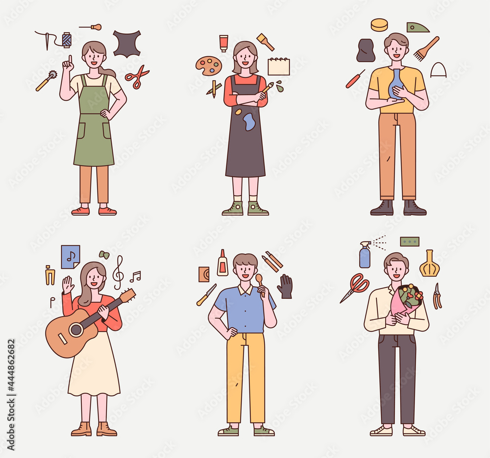 Poster people are standing with hobby items in their hands. icons are floating around. outline simple vecto