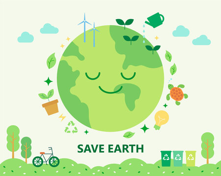 Environmental protection poster decorated with environmental icons around a smiling globe. flat design style minimal vector illustration.
