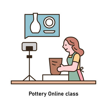 A Woman Is Making Pottery While Watching An Online Class. Outline Simple Vector Illustration.