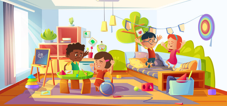 Kids playing in room, children in home, kindergarten, nursery or day care center interior jumping on bed, play boardgames or toys. Multiracial babies friends indoor games, Cartoon vector illustration