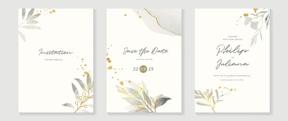 Abstract art background vector. Luxury invitation card background with golden line art flower and botanical leaves, Organic shapes, Watercolor. Vector invite design for wedding and vip cover template.