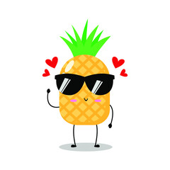 Vector illustration of yellow pineapple character with cute expression, lovely, sunglasses, pineapple isolated on white background, simple minimal style, fresh fruit for mascot collection, emoticon