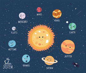 Set of cute planets. Solar system with cute cartoon planets.Funny universe for kids,sun, pluto, mars, mercury, earth, venus, jupiter, saturn,uranus,neptune. Vector illustration in dark background