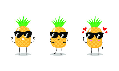 Vector illustration of pineapple character with various cute expression, fun, sunglasses, pineapple isolated on white background, simple minimal style, fresh fruit for mascot collection, emoticon