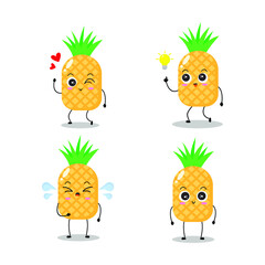 Vector illustration of pineapple character with various cute expression, adorable pineapple isolated on white background, simple minimal style, fresh fruit for mascot collection, emoticon