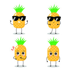 Vector illustration of pineapple character with various cute expression, funny, adorable pineapple isolated on white background, simple minimal style, fresh fruit for mascot collection, emoticon