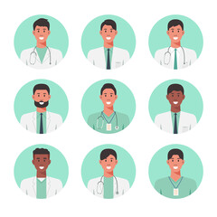 People portraits of males doctor, men face avatars isolated at round icons set, vector flat illustration