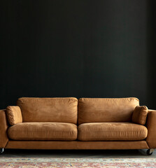 Comfortable sofa with pillows in the interior of a spacious living room, real photo with copy space...