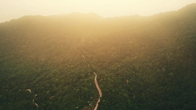 Aerial bright sun shines on jungle road. In mountains there is dense wild green forest. Beautiful orange sunlight over tropical island. Holidays on Havelock, popular island in Andaman
