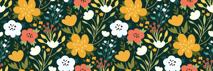 Hand drawn various Abstract Flowers and Leaves in a simple Scandinavian style on a dark green background. Modern botanical colorful print. Seamless vector texture for fashion design, fabric, wallpaper © Diana  Sityaeva 