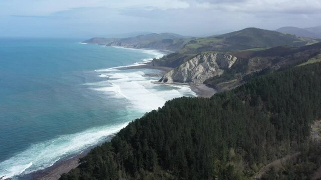 Aerial drone view of the Gipuzkoa flysch coast in Deba in the Basque Country