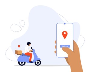 Vector Illustration, Online Delivery Service Concept, Showing a delivery man sending package to customer, Suitable for landing page, 
UI, web, App intro card, editorial, flyer, and banner