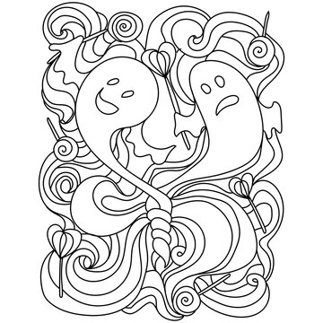 Halloween coloring page, funny ghosts and candies on the background of abstract patterns
