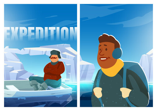 Expedition poster with people on glacier in arctic. Concept of scientific research on north pole or Antarctica. Vector cartoon illustration of men with boat on polar ice in ocean