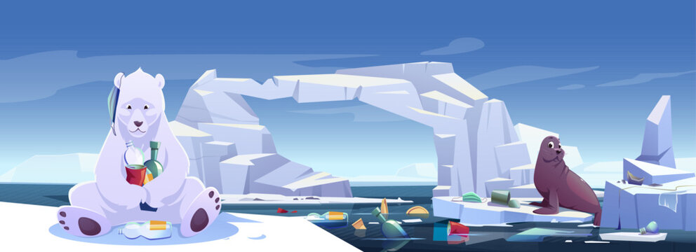 Arctic animals living in trash, wild polar bear and seal sitting on ice floes in polluted sea with garbage. Antarctica or North Pole inhabitants suffer of nature pollution Cartoon vector illustration