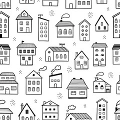 House pattern. Doodle sketch style seamless background. Hand drawn home with roof vector illustration for texture, print.